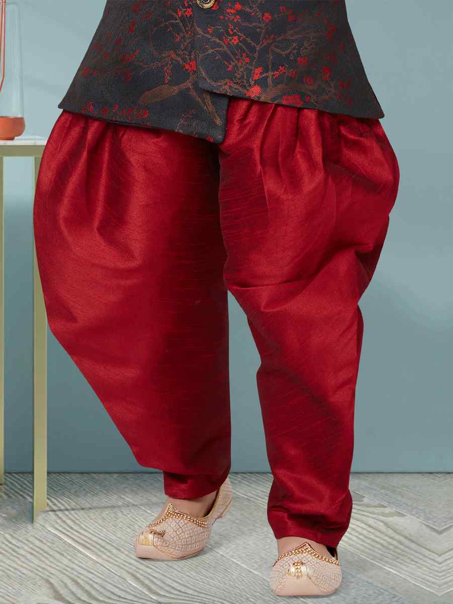 Maroon Heavy Soft Jacquard Floral Party Festival Kurta Dhoti Boys Wear