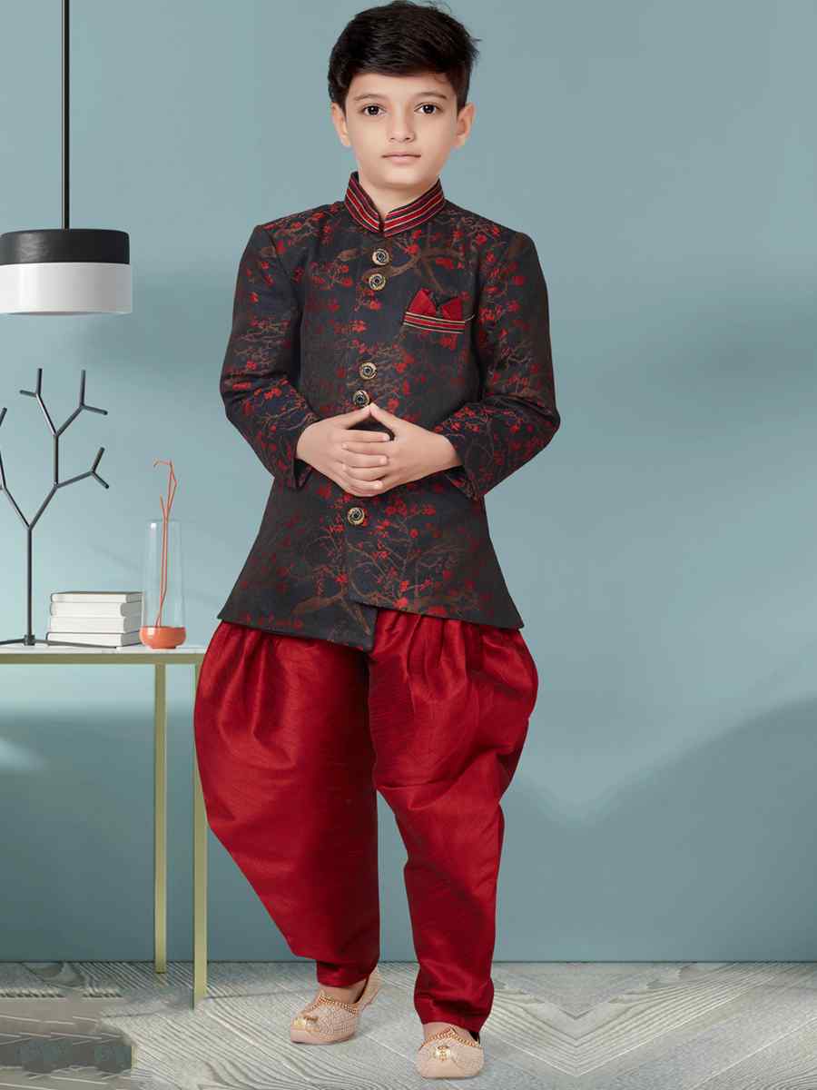 Maroon Heavy Soft Jacquard Floral Party Festival Kurta Dhoti Boys Wear