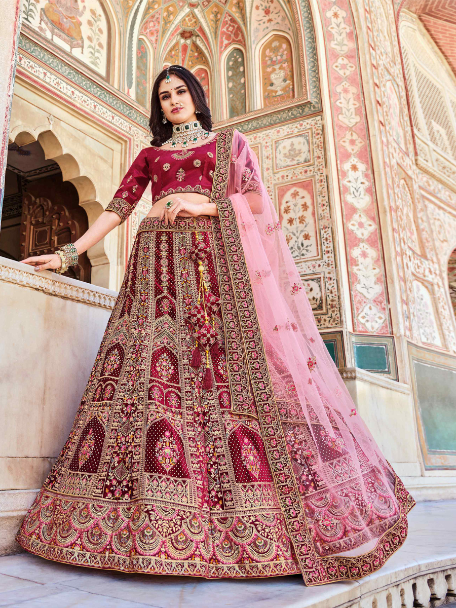 Maroon Heavy Velvet Embroidered Bridal Wedding Heavy Border Lehenga Choli