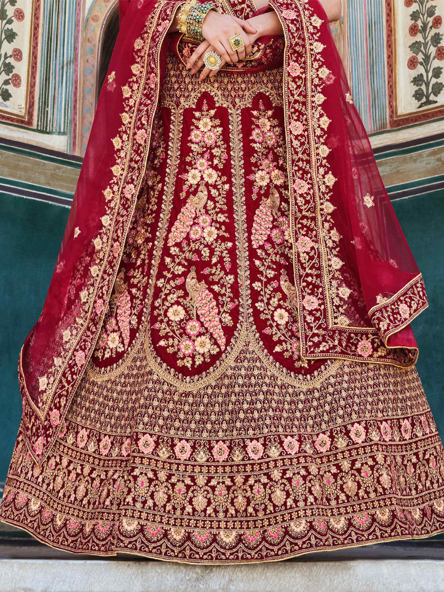 Maroon Heavy Velvet Embroidered Bridal Wedding Heavy Border Lehenga Choli