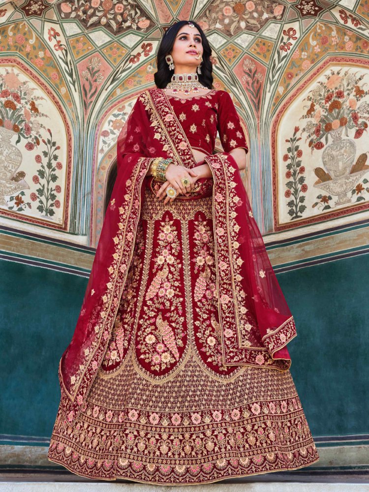 Maroon Heavy Velvet Embroidered Bridal Wedding Heavy Border Lehenga Choli