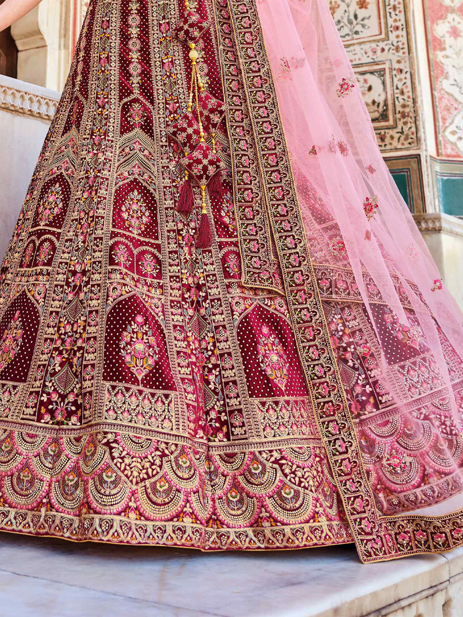 Maroon Heavy Velvet Embroidered Bridal Wedding Heavy Border Lehenga Choli