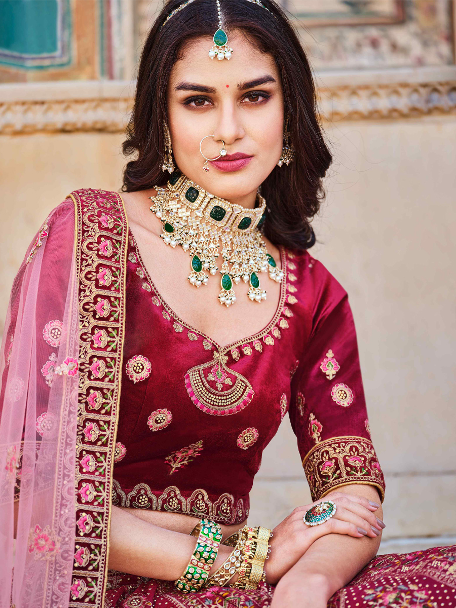 Maroon Heavy Velvet Embroidered Bridal Wedding Heavy Border Lehenga Choli