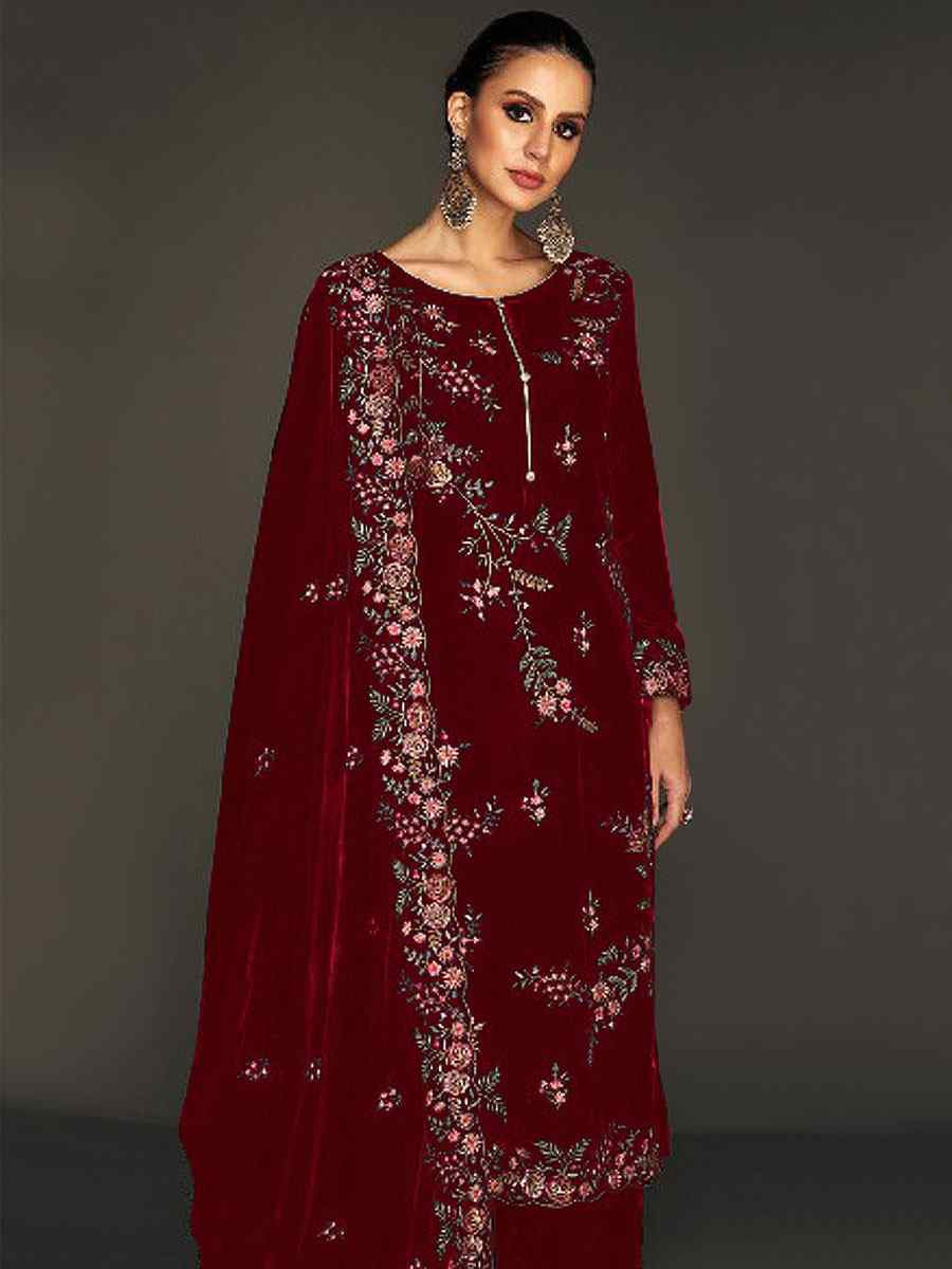 Maroon Heavy Velvet Embroidered Festival Wedding Pant Salwar Kameez