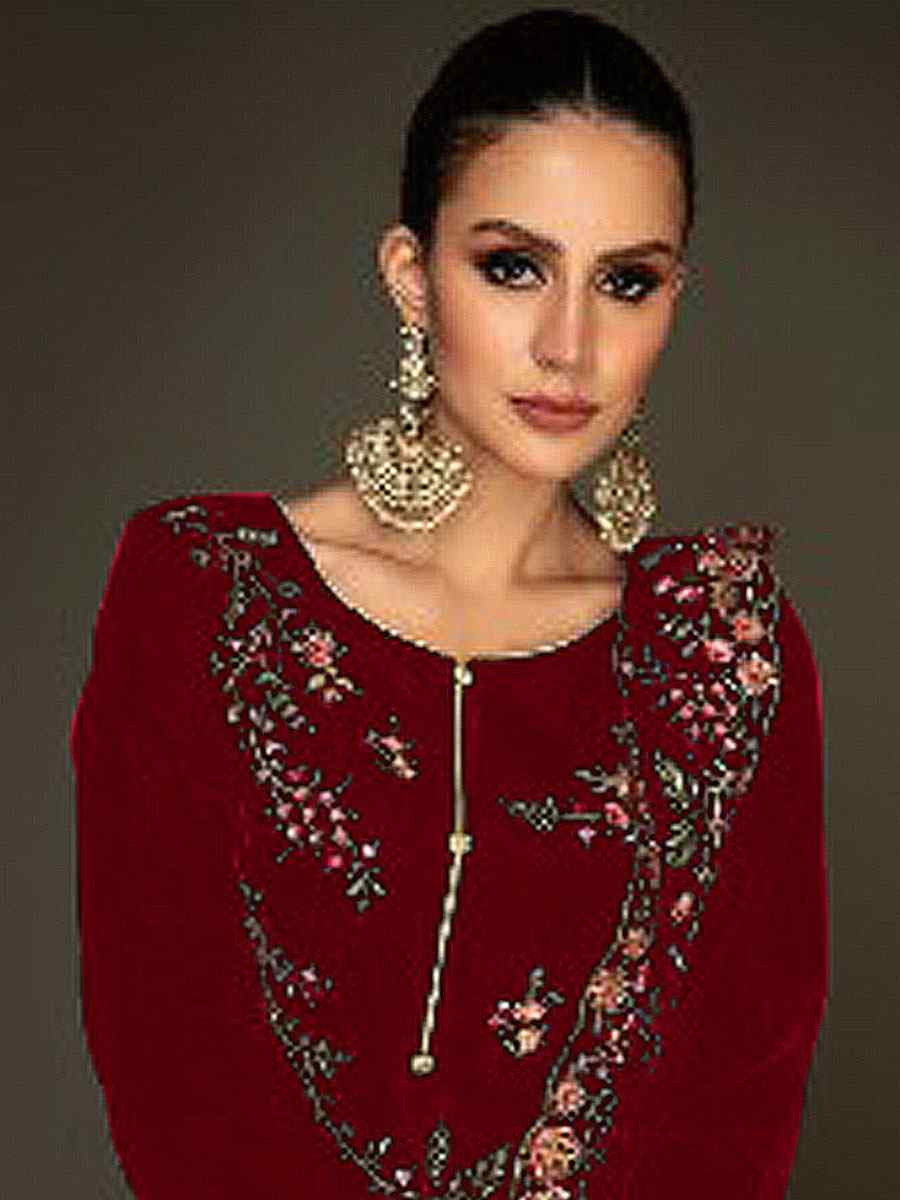 Maroon Heavy Velvet Embroidered Festival Wedding Pant Salwar Kameez