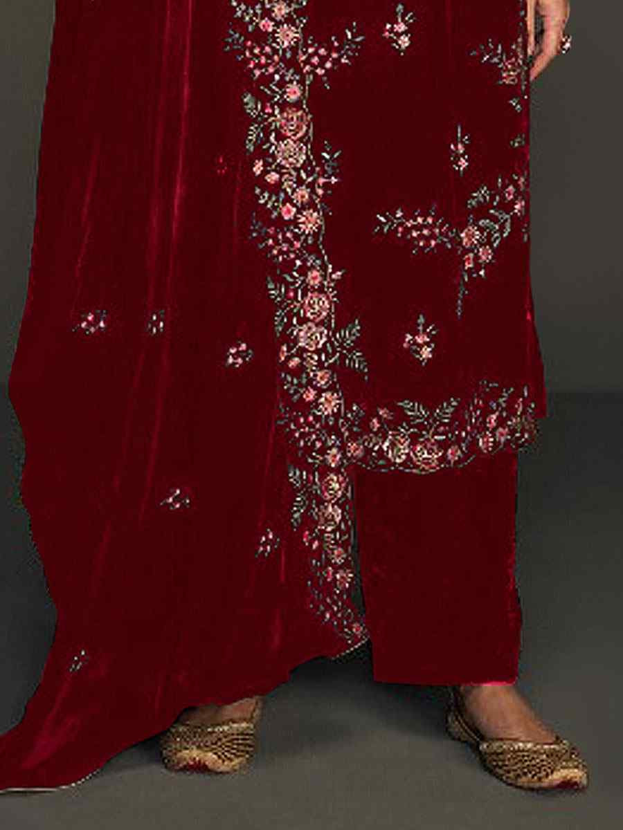 Maroon Heavy Velvet Embroidered Festival Wedding Pant Salwar Kameez