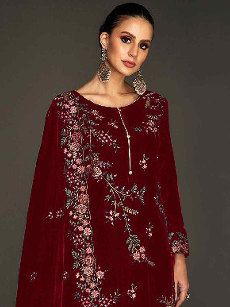 Maroon Heavy Velvet Embroidered Festival Wedding Pant Salwar Kameez