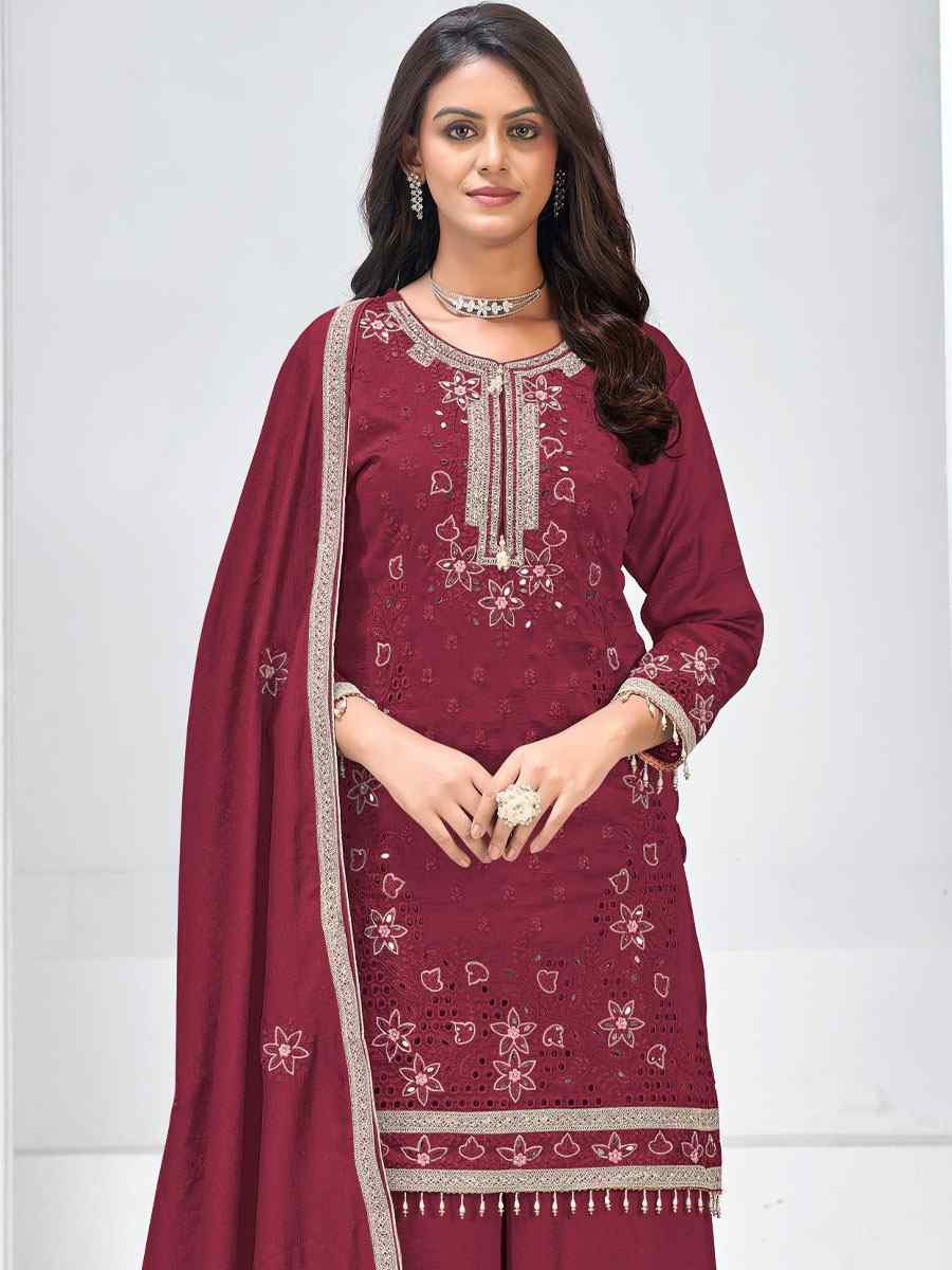 Maroon Heavy Vichitra Silk Embroidered Party Wedding Ready Palazzo pant Salwar Kameez