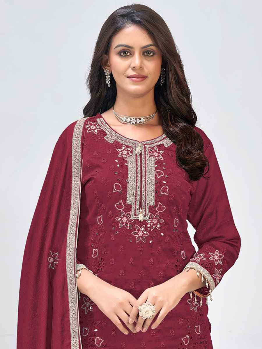 Maroon Heavy Vichitra Silk Embroidered Party Wedding Ready Palazzo pant Salwar Kameez