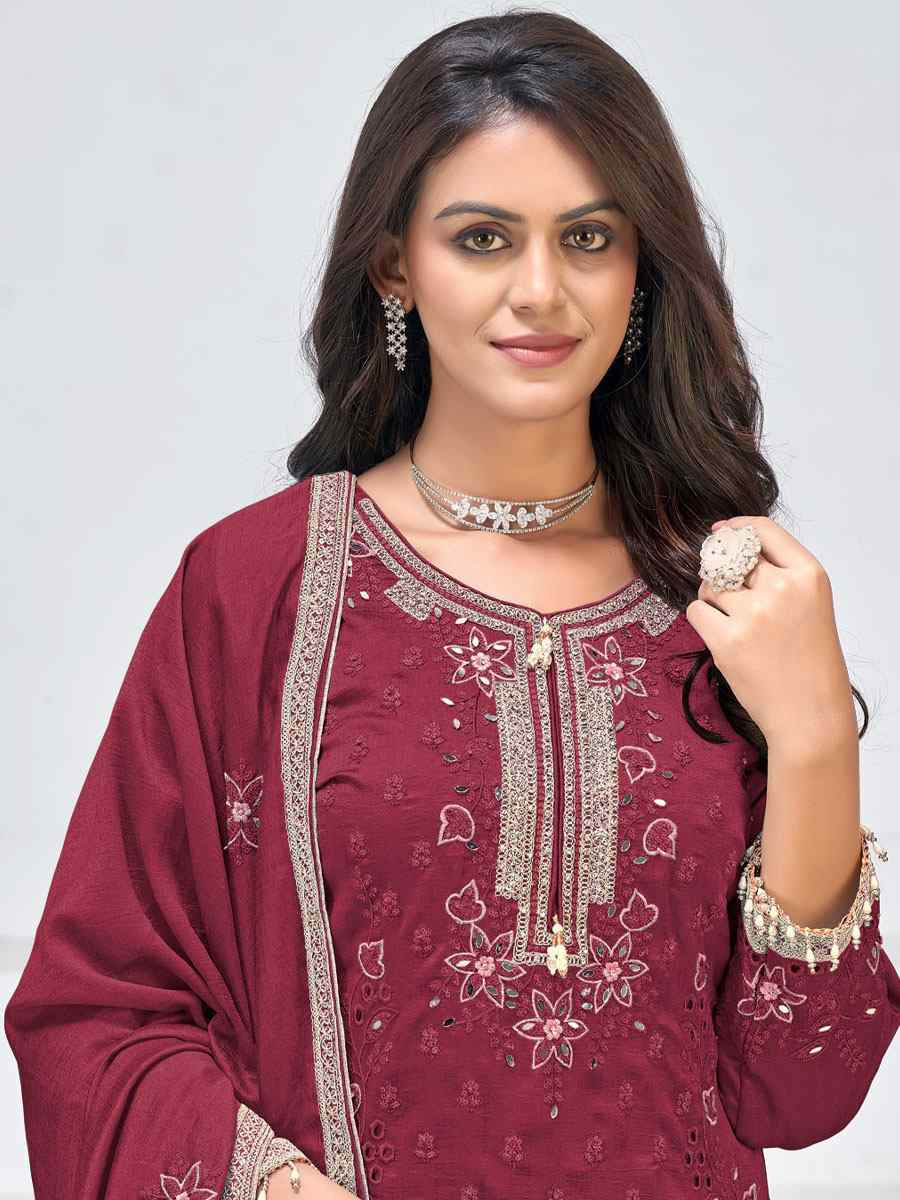 Maroon Heavy Vichitra Silk Embroidered Party Wedding Ready Palazzo pant Salwar Kameez