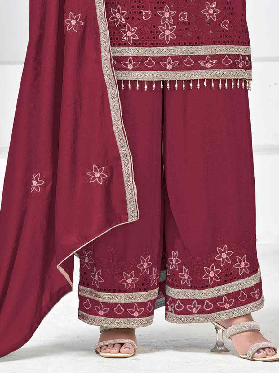 Maroon Heavy Vichitra Silk Embroidered Party Wedding Ready Palazzo pant Salwar Kameez