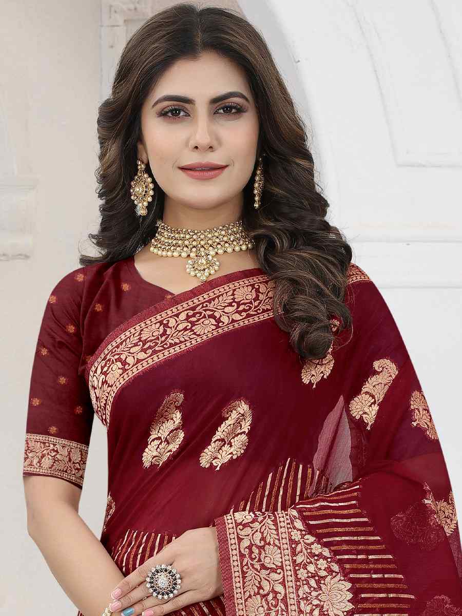 Maroon Heavy Viscose Organza Handwoven Wedding Festival Heavy Border Saree