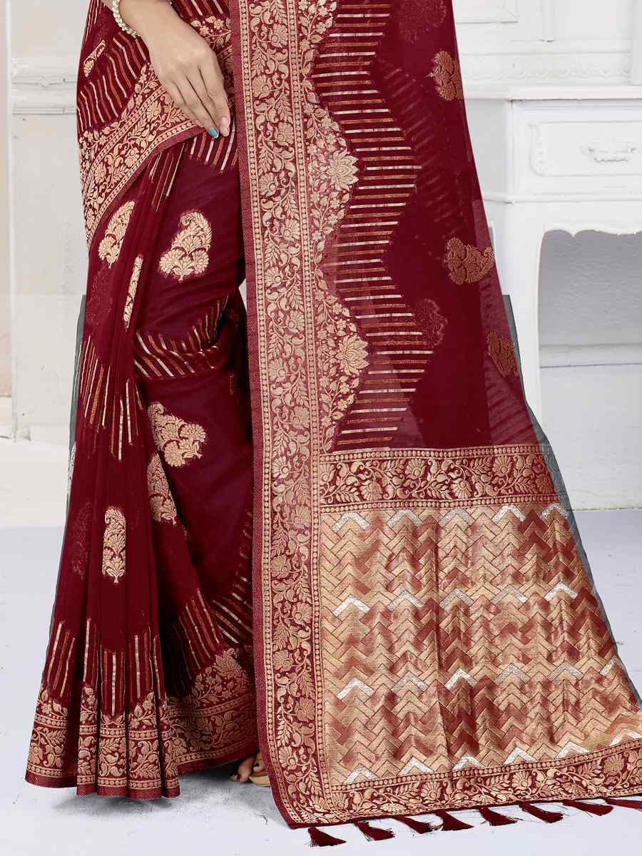 Maroon Heavy Viscose Organza Handwoven Wedding Festival Heavy Border Saree