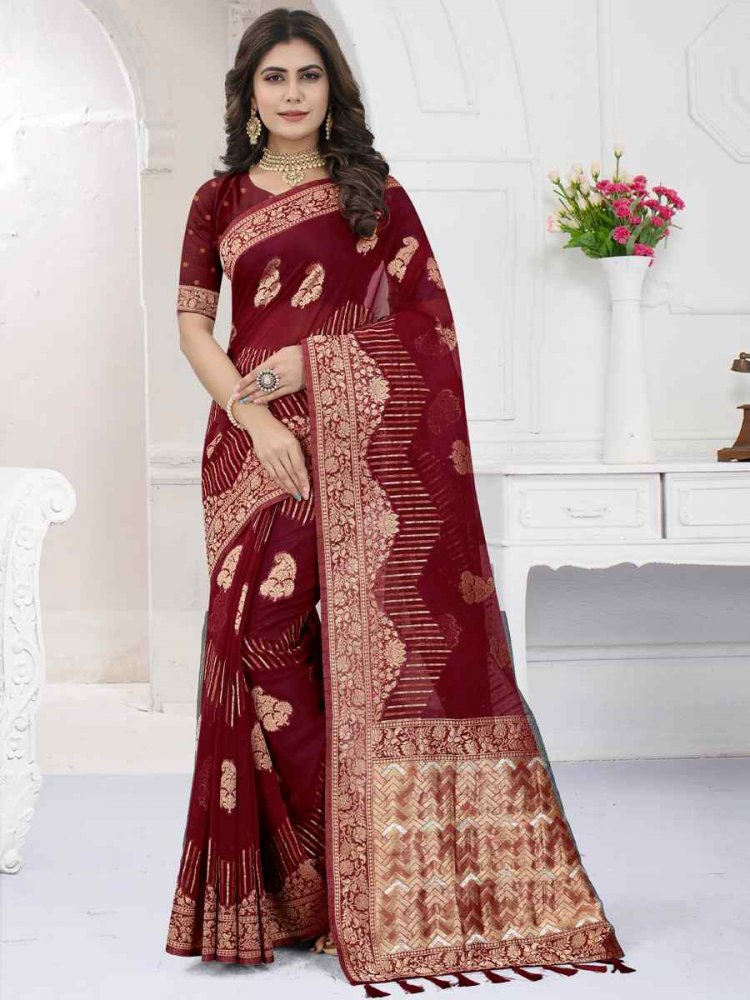 Maroon Heavy Viscose Organza Handwoven Wedding Festival Heavy Border Saree