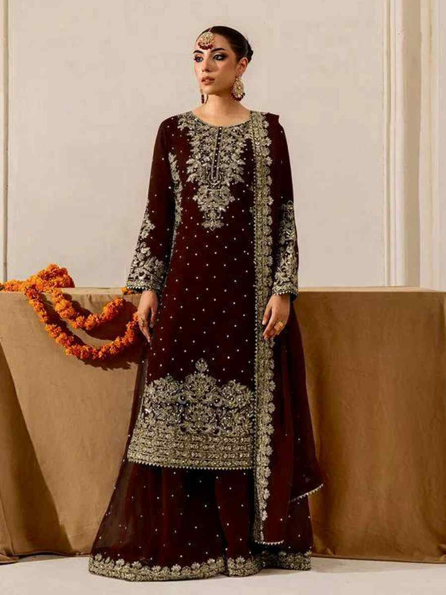 Maroon Heavy Viscose Velvet Embroidery Party Wedding Festival Casual Ready Palazzo Pant Salwar Kameez
