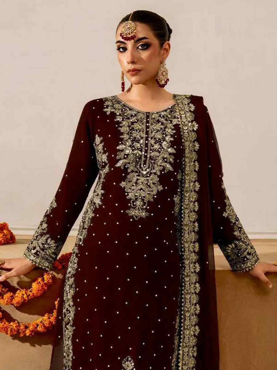 Maroon Heavy Viscose Velvet Embroidery Party Wedding Festival Casual Ready Palazzo Pant Salwar Kameez