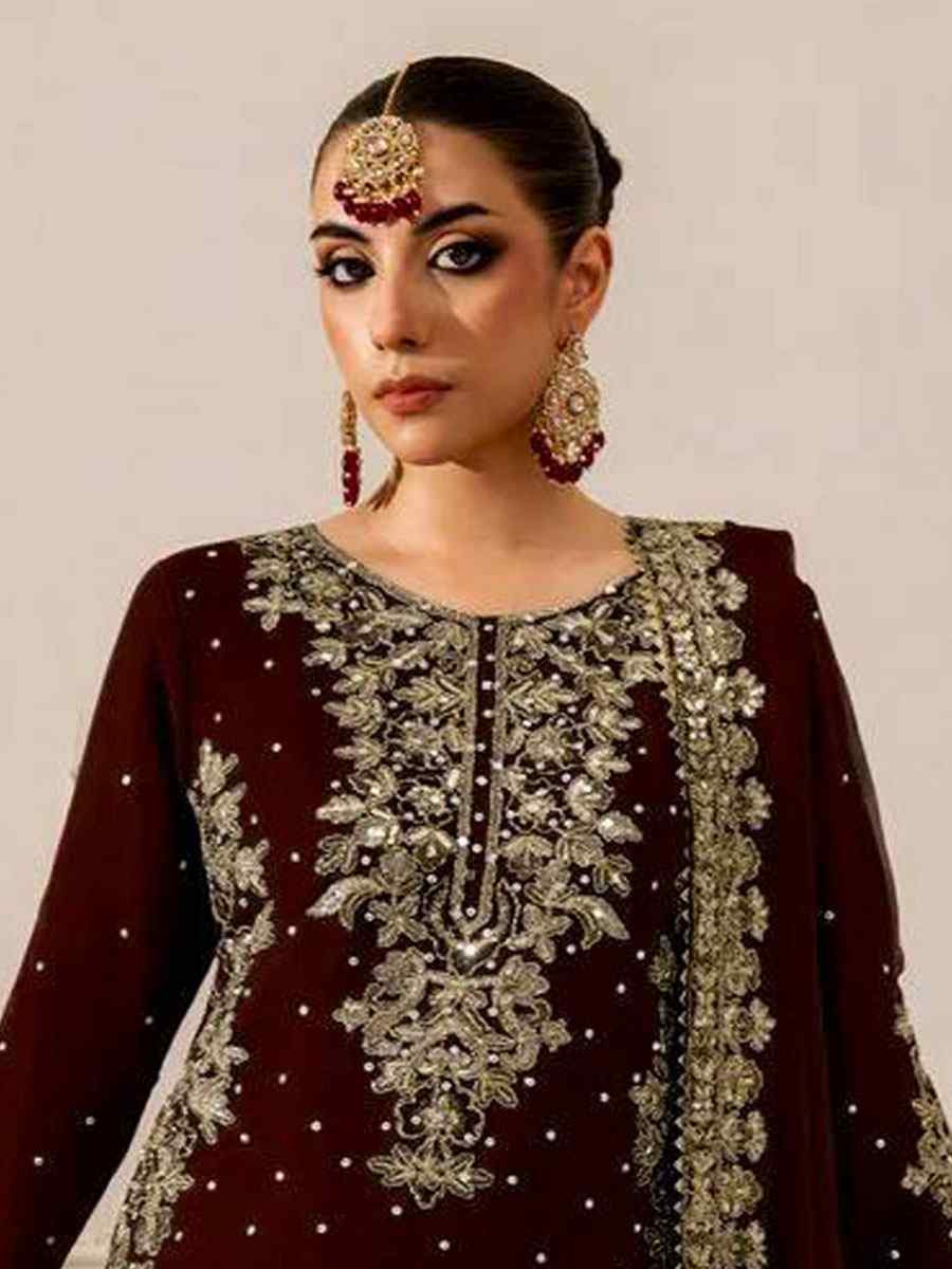 Maroon Heavy Viscose Velvet Embroidery Party Wedding Festival Casual Ready Palazzo Pant Salwar Kameez