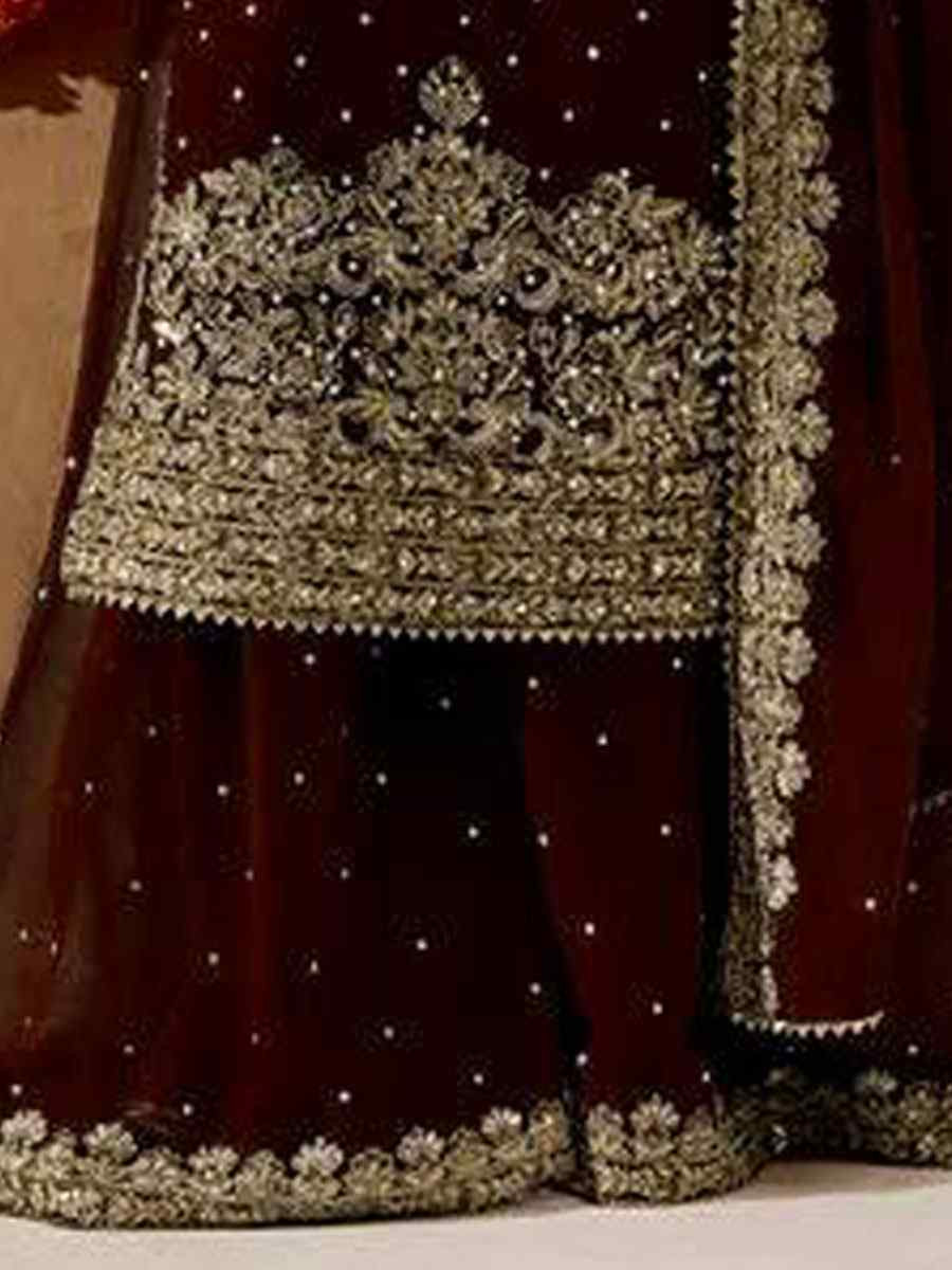 Maroon Heavy Viscose Velvet Embroidery Party Wedding Festival Casual Ready Palazzo Pant Salwar Kameez
