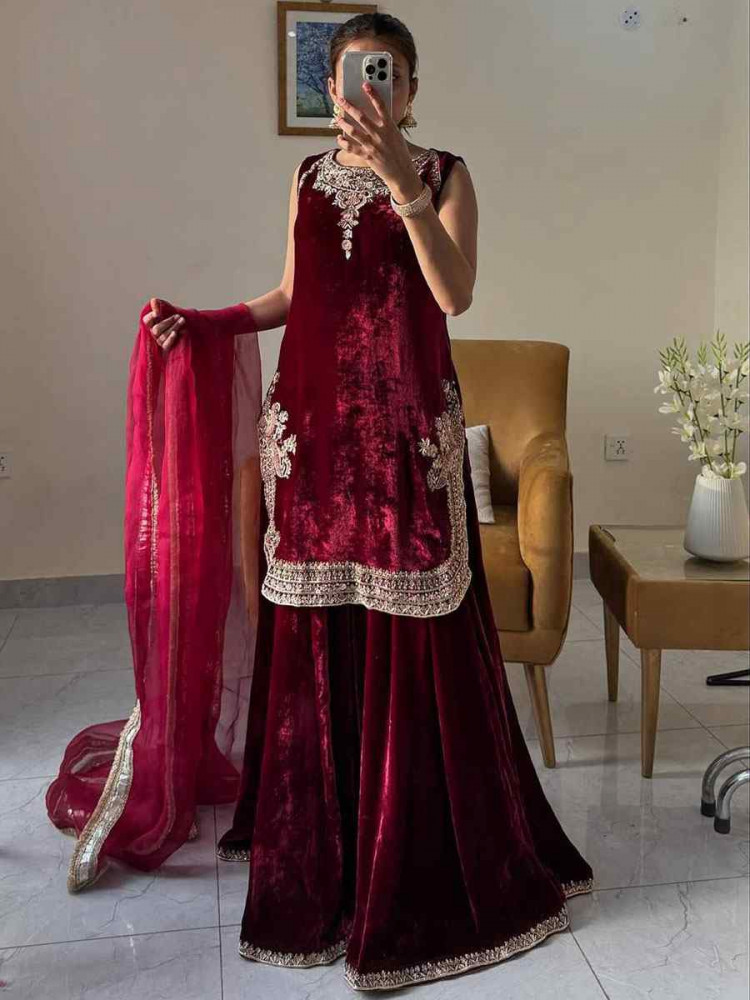 Image of Maroon Heavy Viscose Velvet Plain with Embroidery Party Wedding Festival Casual Ready Palazzo Pant Salwar Kameez