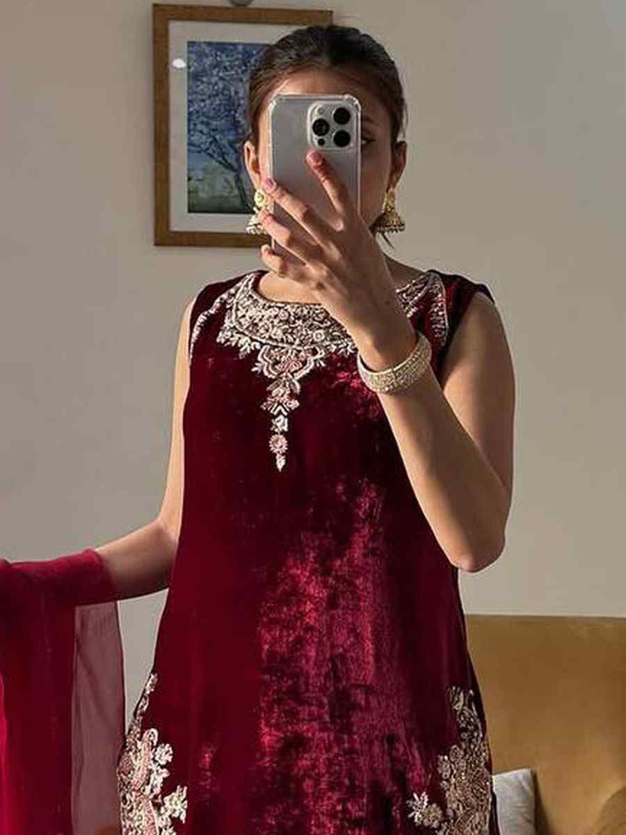 Maroon Heavy Viscose Velvet Plain with Embroidery Party Wedding Festival Casual Ready Palazzo Pant Salwar Kameez