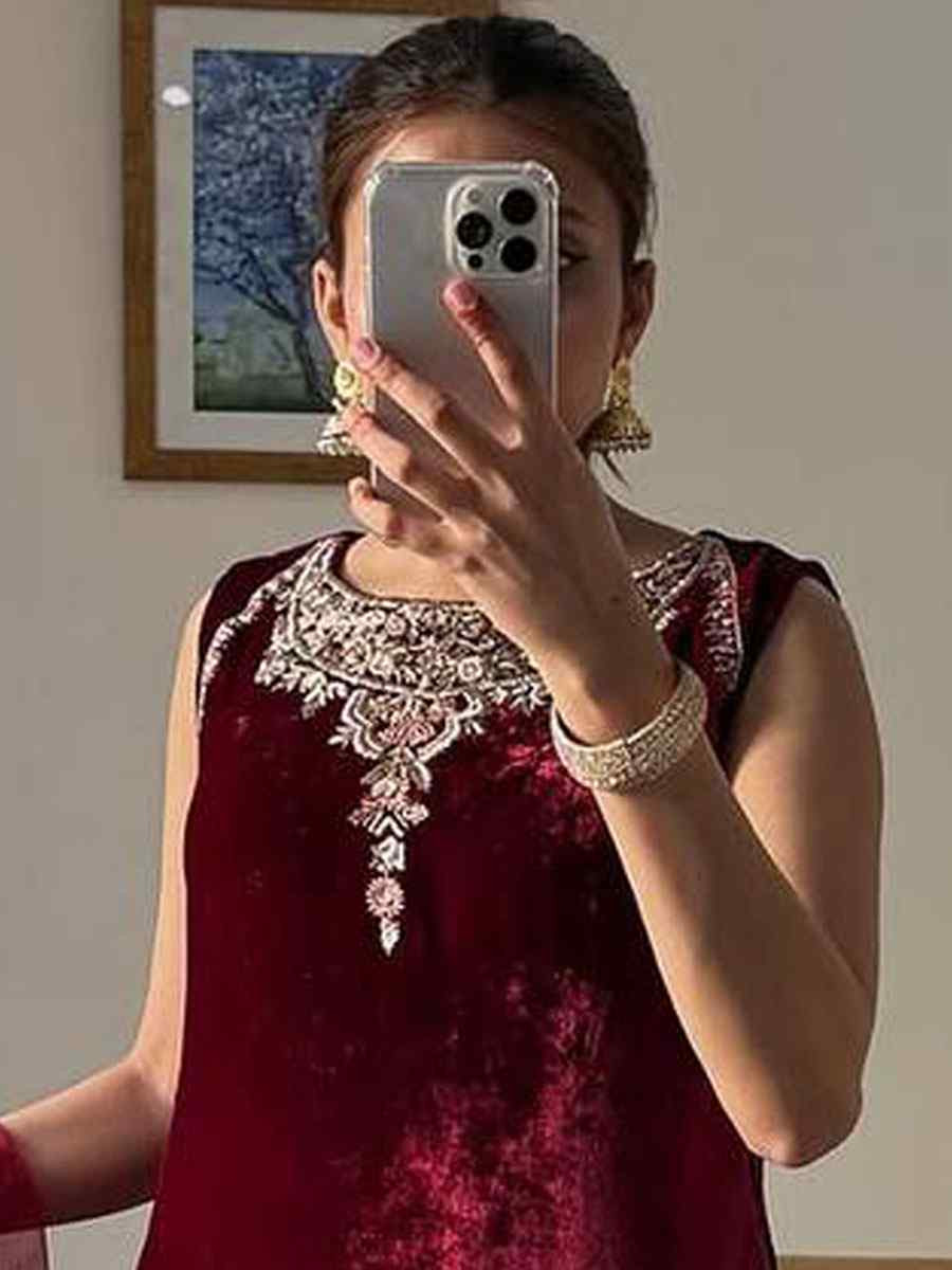Maroon Heavy Viscose Velvet Plain with Embroidery Party Wedding Festival Casual Ready Palazzo Pant Salwar Kameez
