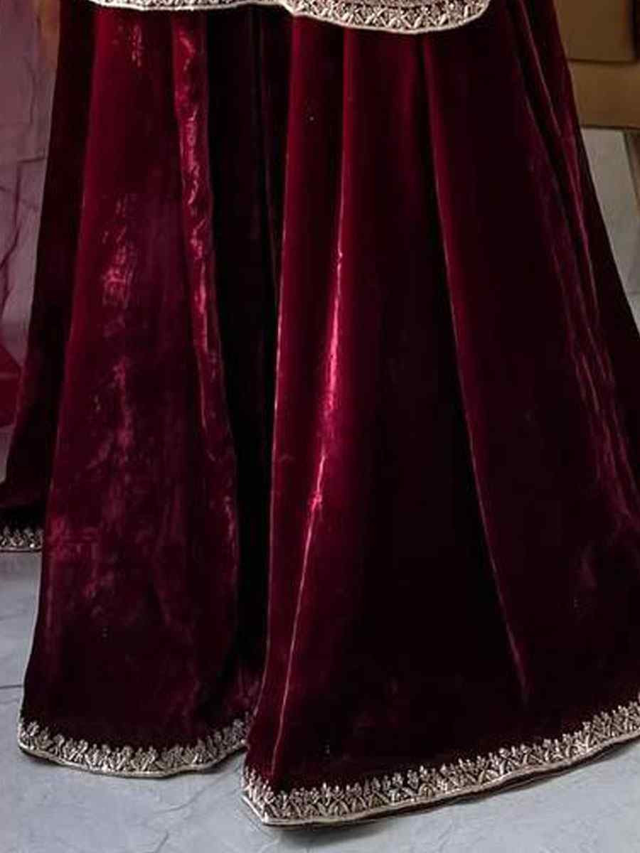 Maroon Heavy Viscose Velvet Plain with Embroidery Party Wedding Festival Casual Ready Palazzo Pant Salwar Kameez