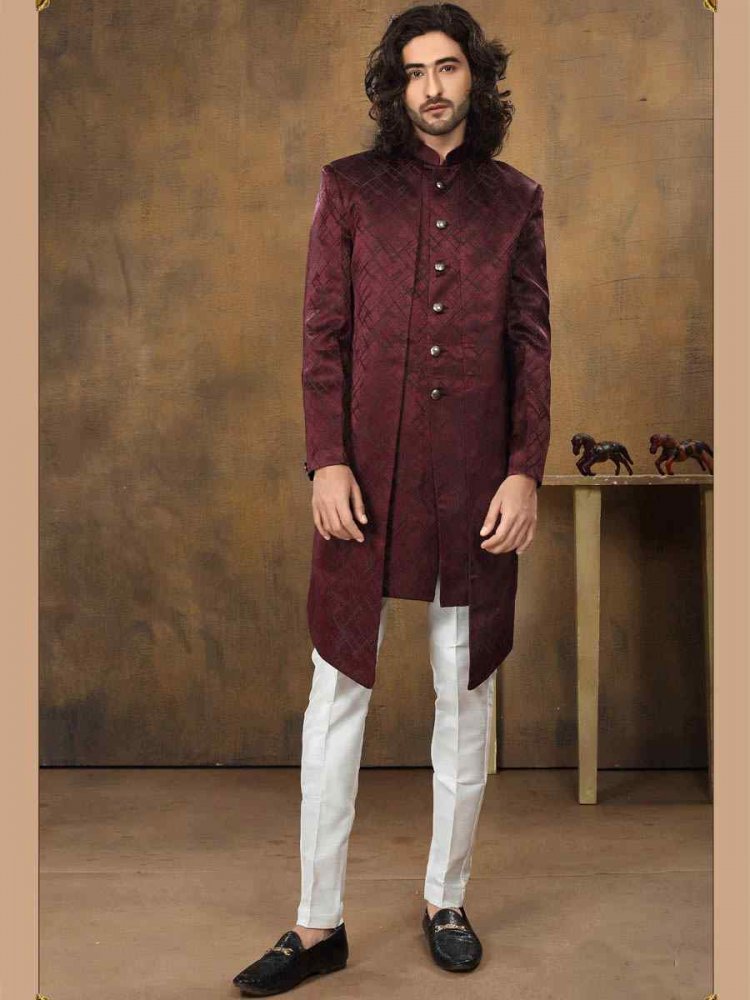 Maroon Imported Velvet Woven Party Wedding Sherwani