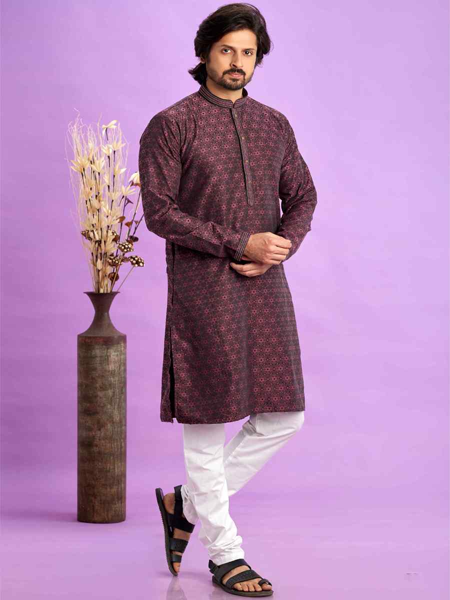 Maroon Jacquard Art Soft Silk Printed Festival Casual Kurta