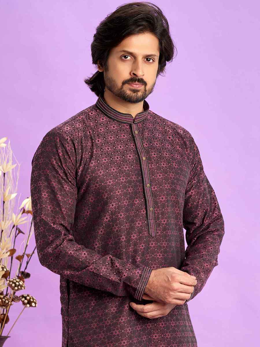 Maroon Jacquard Art Soft Silk Printed Festival Casual Kurta