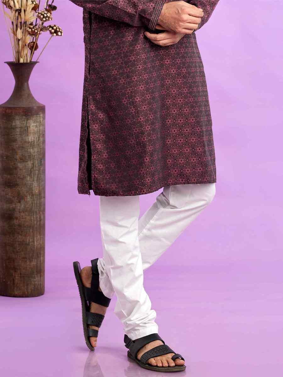 Maroon Jacquard Art Soft Silk Printed Festival Casual Kurta