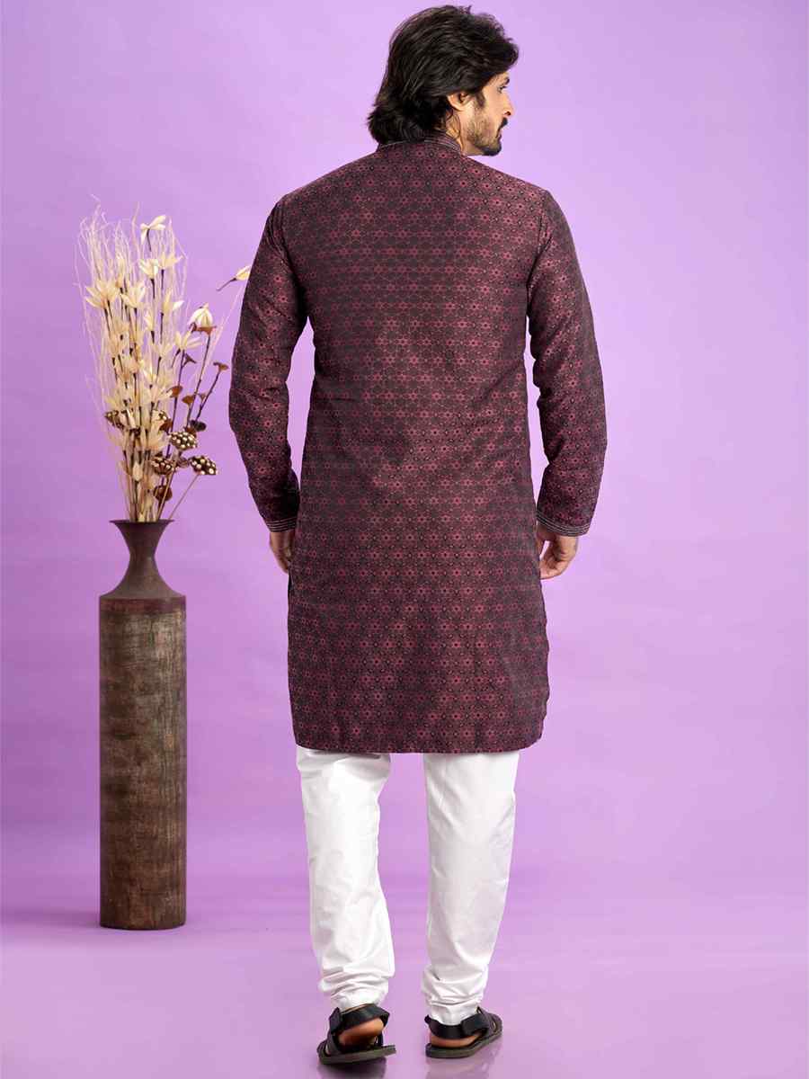 Maroon Jacquard Art Soft Silk Printed Festival Casual Kurta