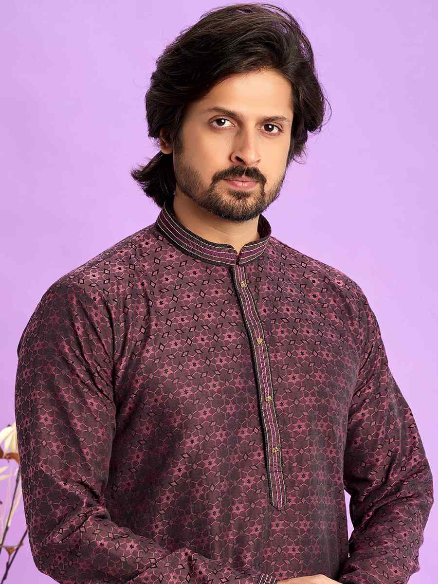Maroon Jacquard Art Soft Silk Printed Festival Casual Kurta
