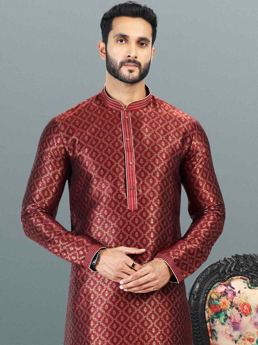 Maroon Jacquard Banarasi Silk Woven Festival Wedding Kurta