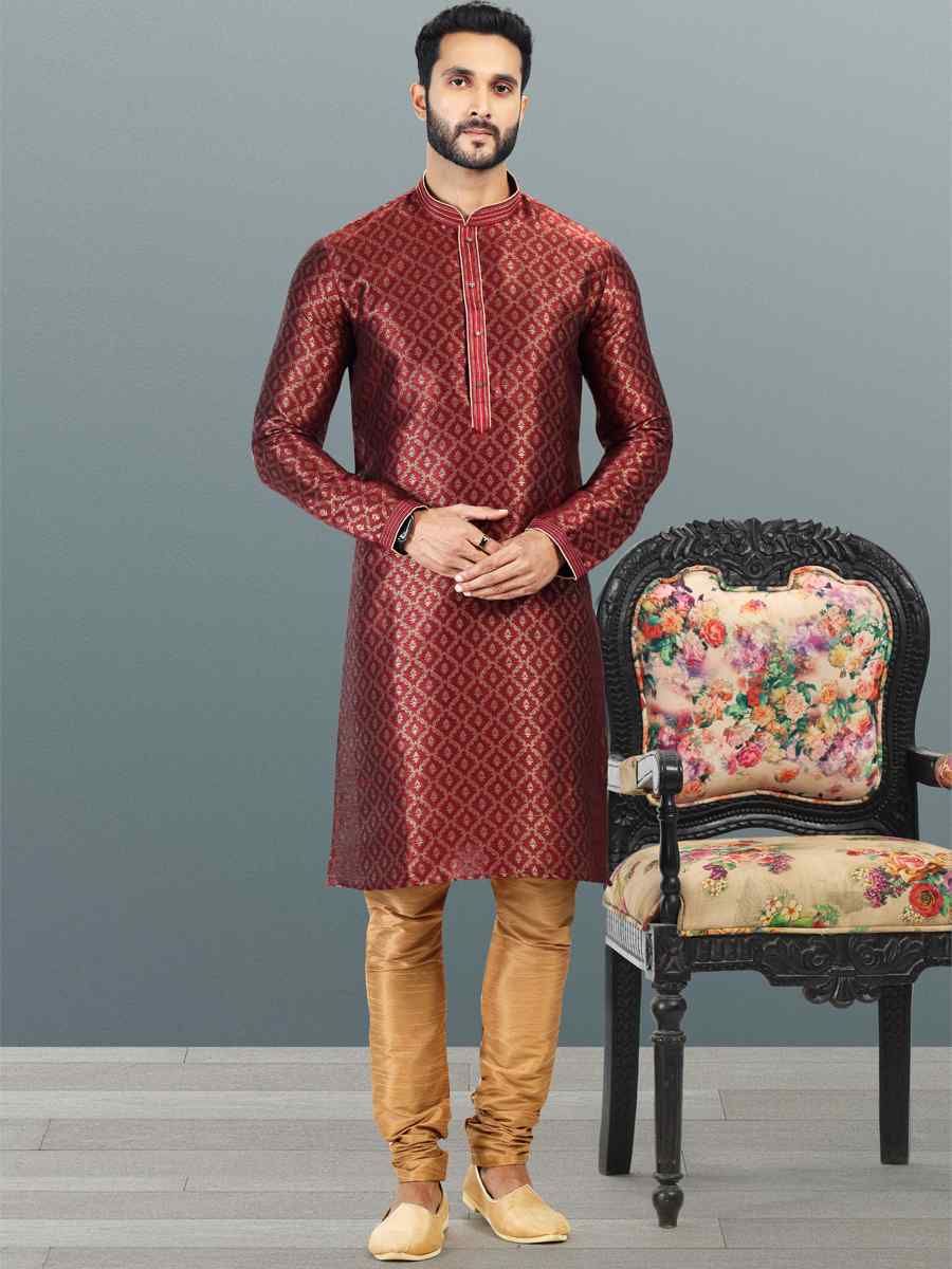 Maroon Jacquard Banarasi Silk Woven Festival Wedding Kurta