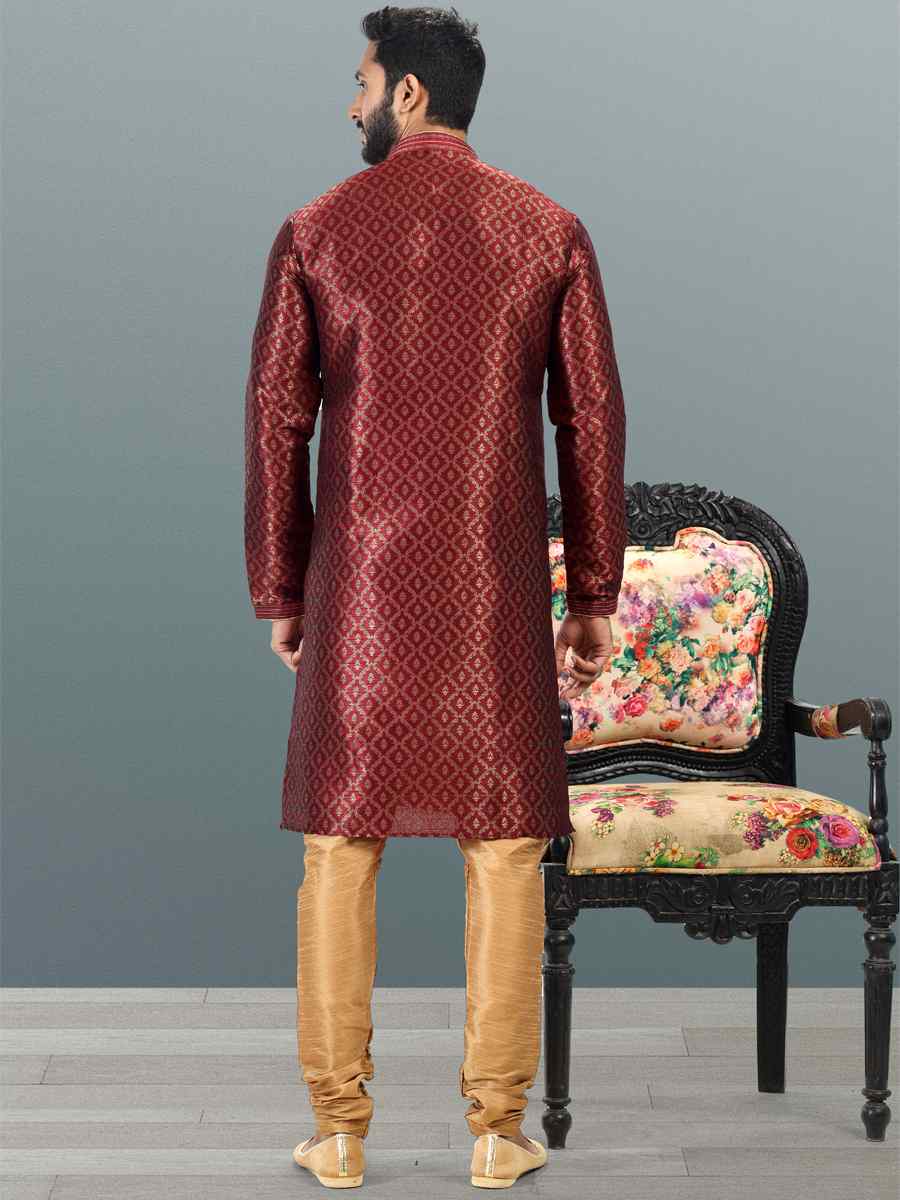 Maroon Jacquard Banarasi Silk Woven Festival Wedding Kurta