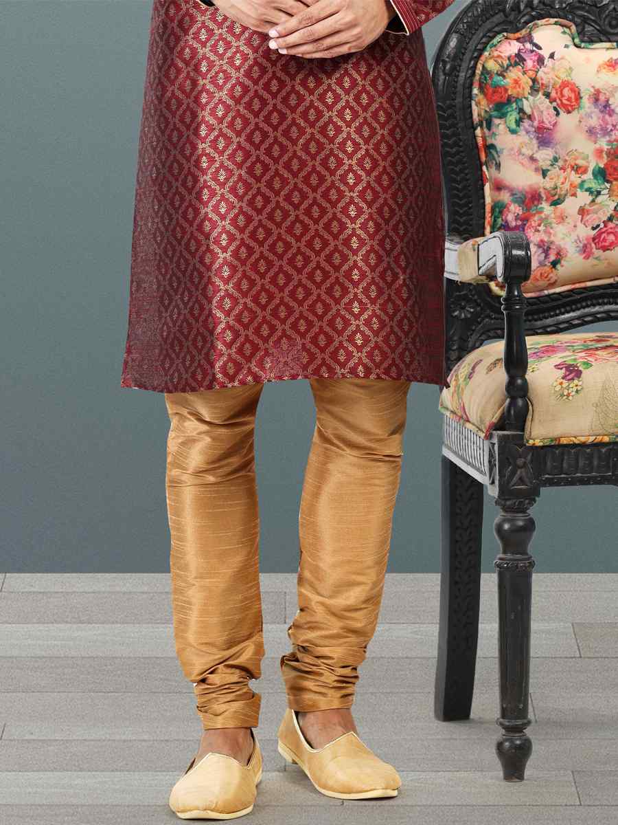 Maroon Jacquard Banarasi Silk Woven Festival Wedding Kurta