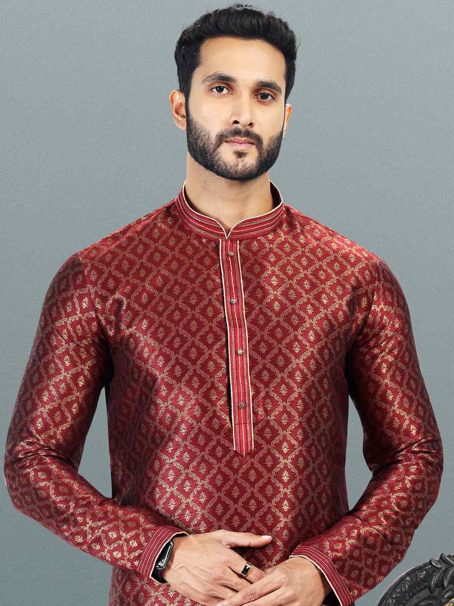 Maroon Jacquard Banarasi Silk Woven Festival Wedding Kurta