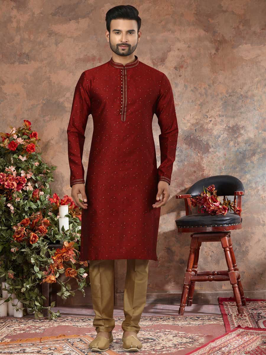 Maroon Jacquard Embroidered Festival Kurta Set