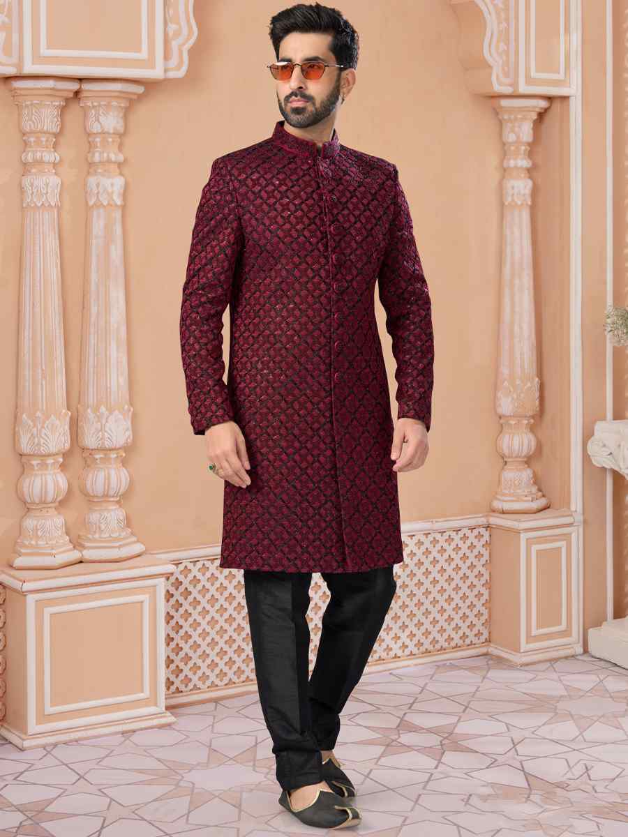Maroon Jacquard Embroidered Groom Wedding Sherwani