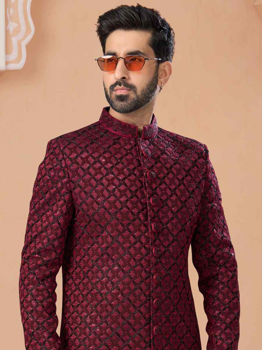 Maroon Jacquard Embroidered Groom Wedding Sherwani