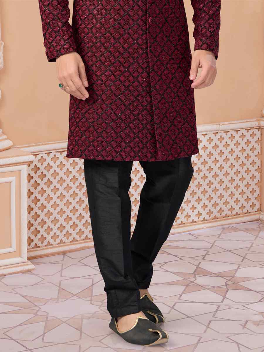 Maroon Jacquard Embroidered Groom Wedding Sherwani
