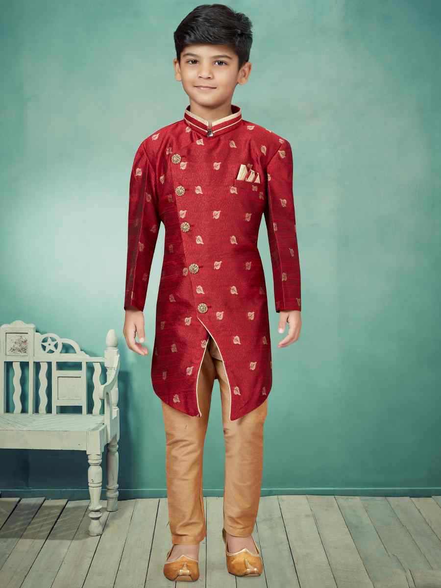 Maroon Jacquard Embroidered Party Festival Kurta Pyjama Boys Wear