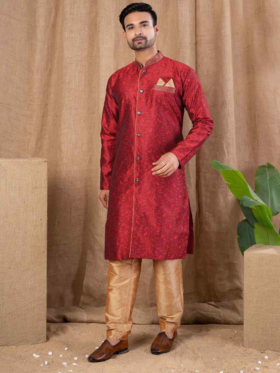 Maroon Jacquard Embroidery Festival Wedding Party Mens Kurta