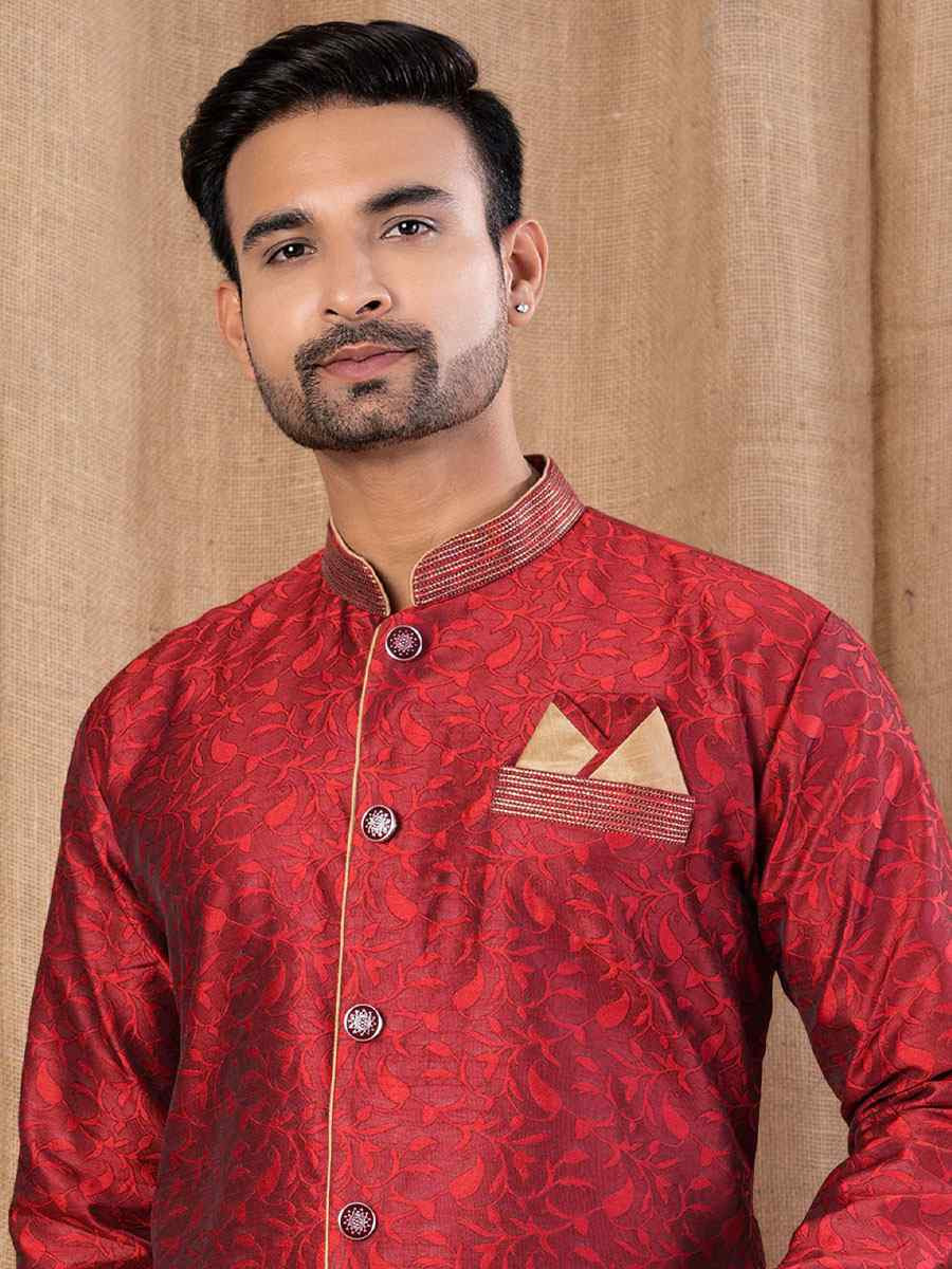 Maroon Jacquard Embroidery Festival Wedding Party Mens Kurta