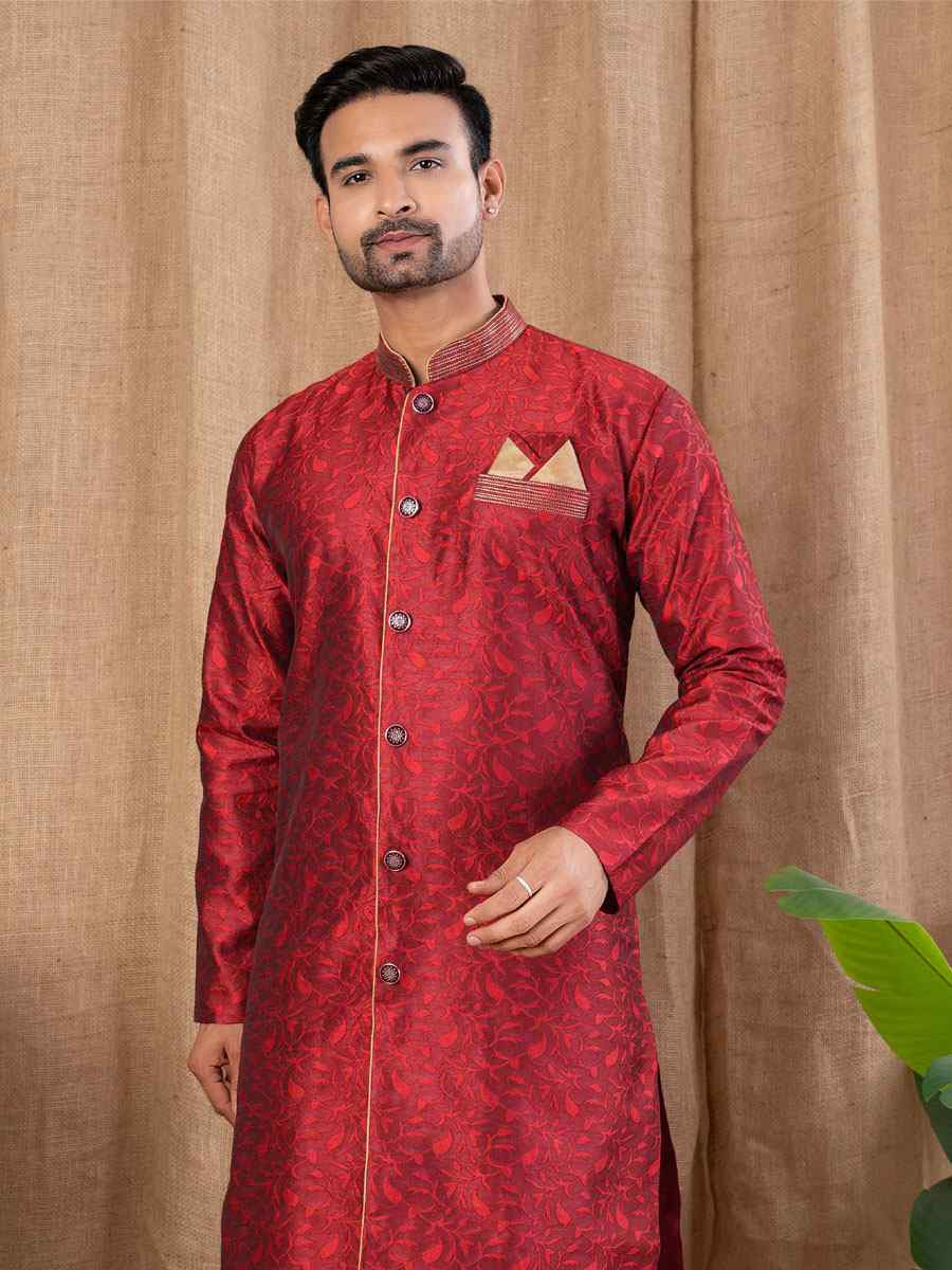 Maroon Jacquard Embroidery Festival Wedding Party Mens Kurta