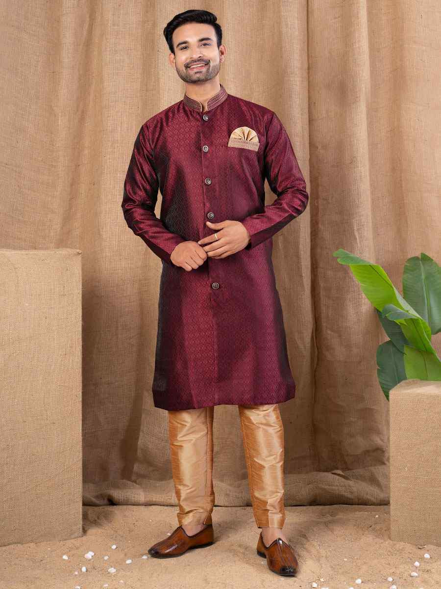Maroon Jacquard Embroidery Festival Wedding Party Mens Kurta