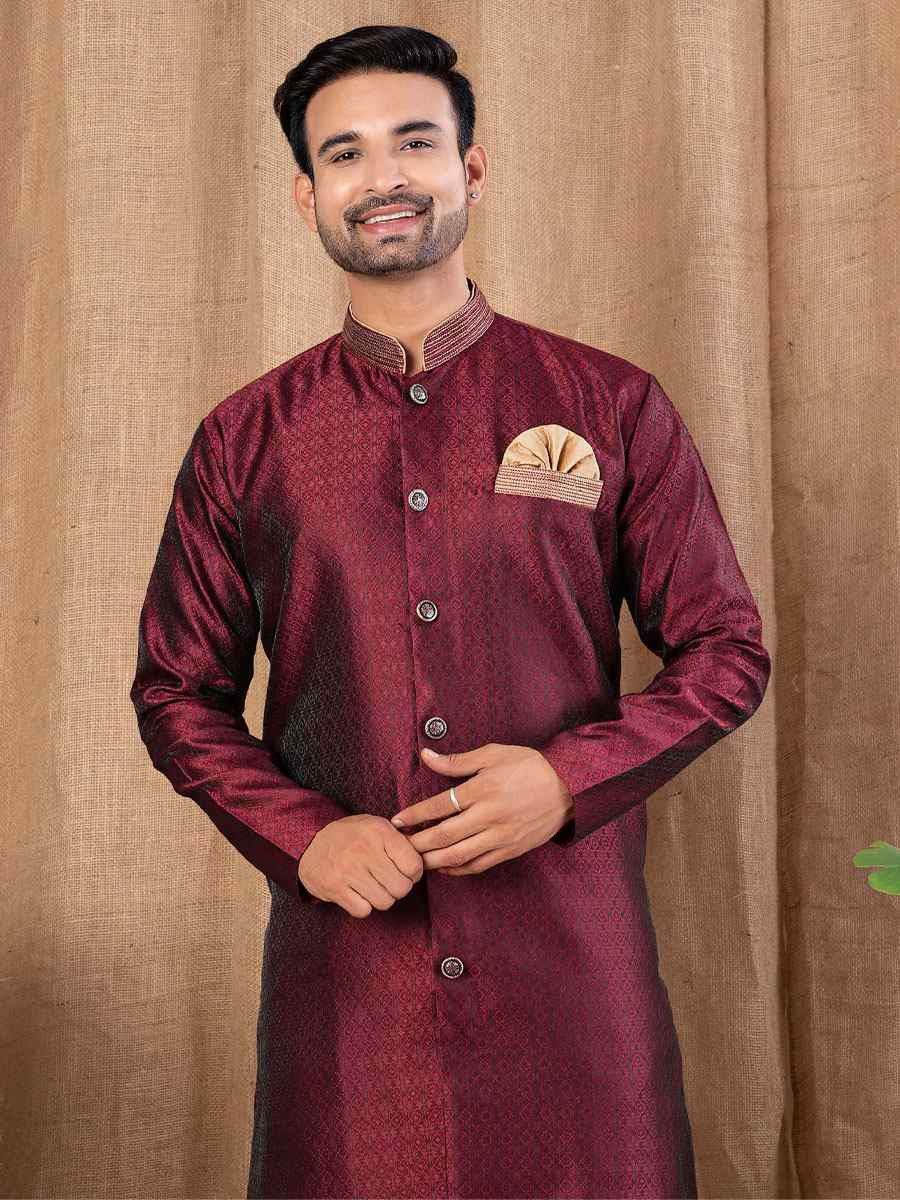 Maroon Jacquard Embroidery Festival Wedding Party Mens Kurta