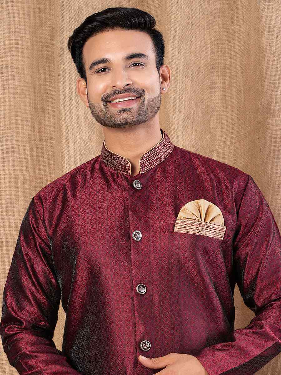 Maroon Jacquard Embroidery Festival Wedding Party Mens Kurta