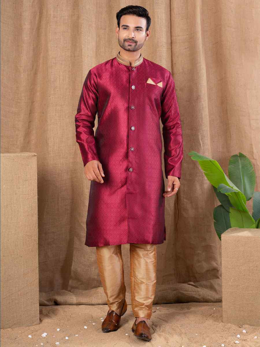 Maroon Jacquard Embroidery Festival Wedding Party Mens Kurta