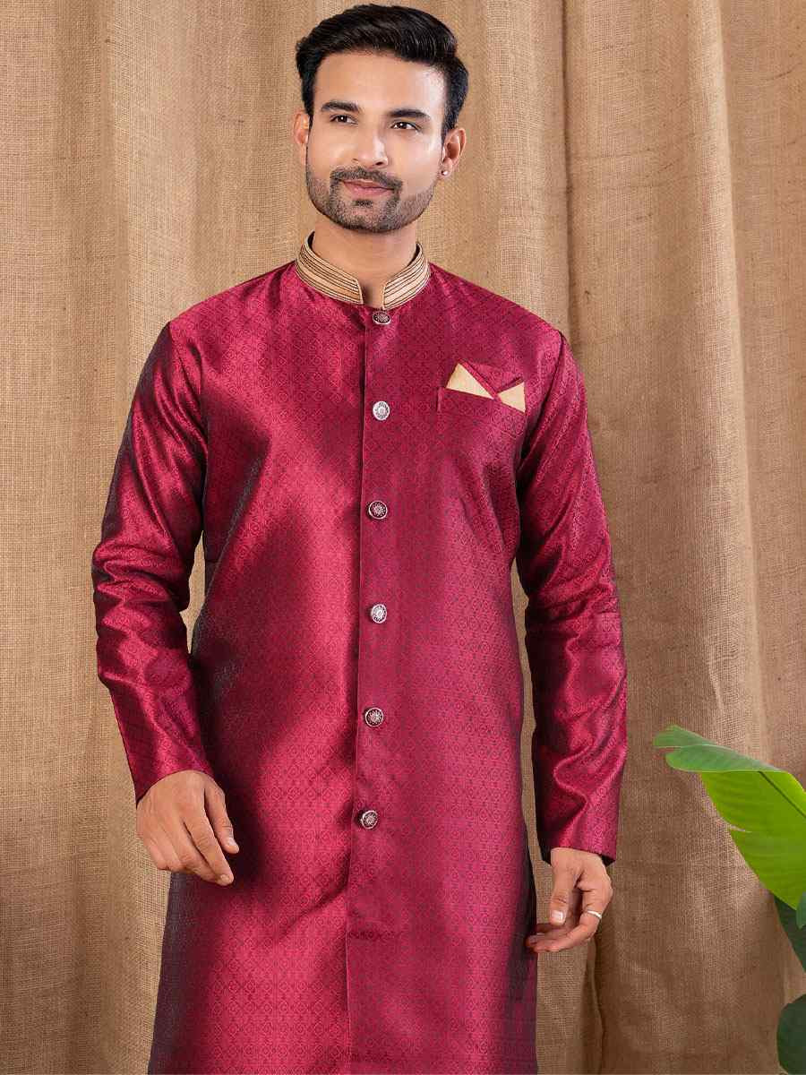 Maroon Jacquard Embroidery Festival Wedding Party Mens Kurta